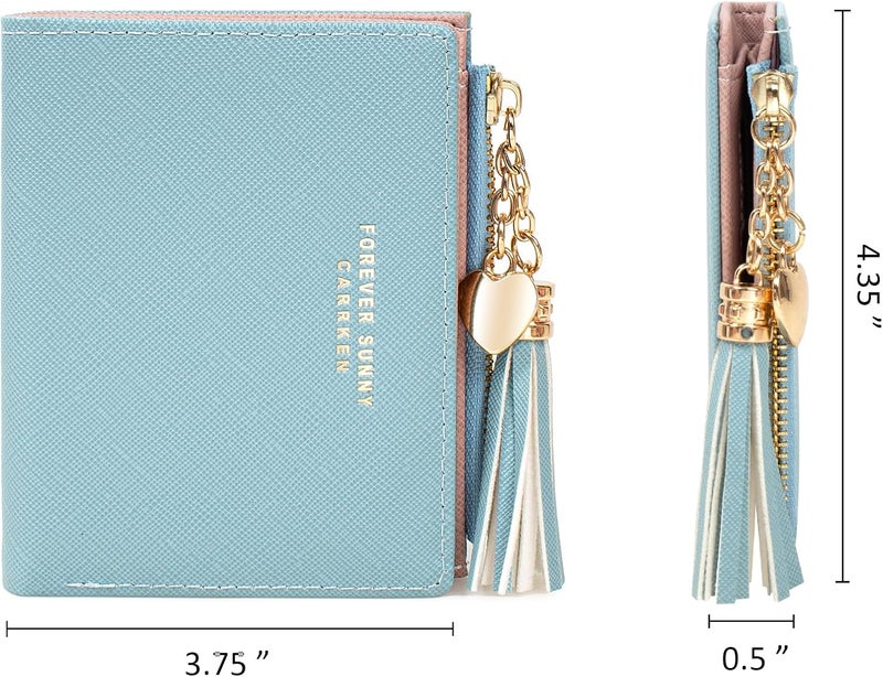 KOTORA Womens Small Wallet Girls Tiny Slim Wallets Pretty Mini Card Holder Thin Short Zip Coin Purse with Love Pendant and Tassels (Blue) - Image 2